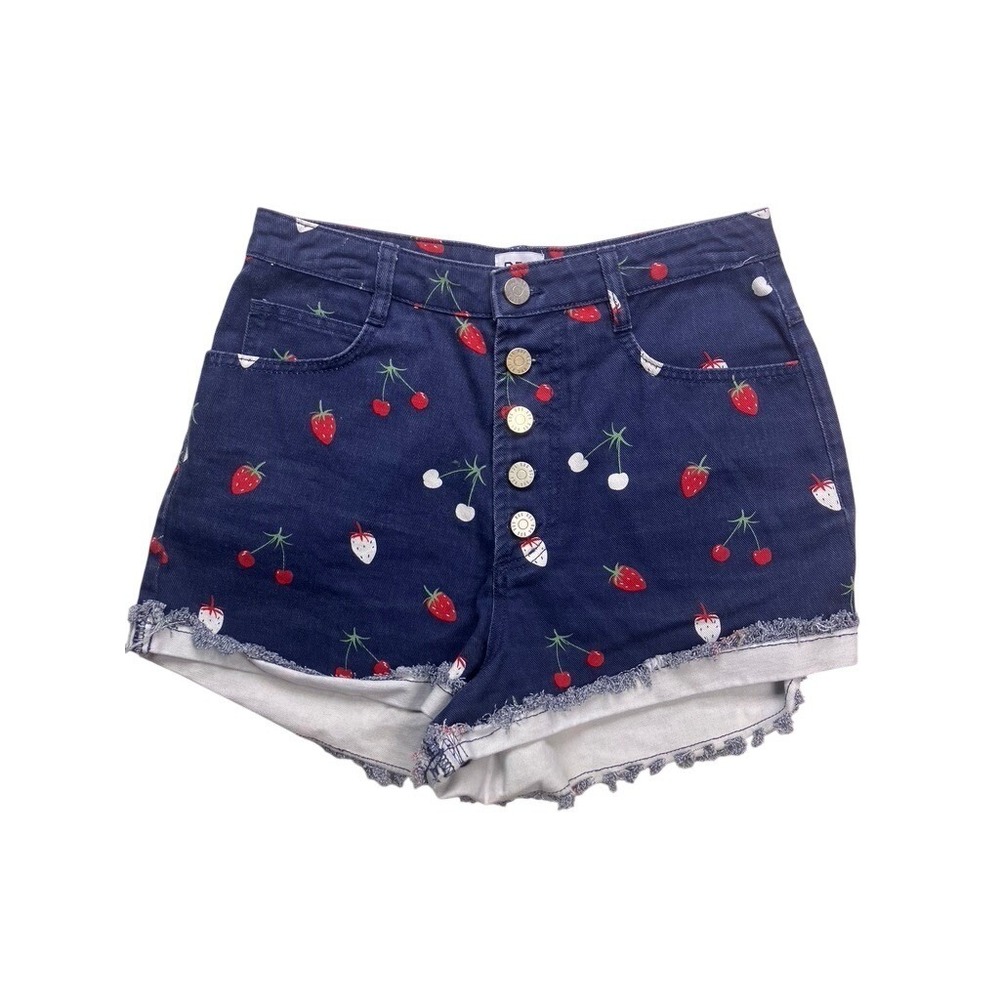 BDG Denim Shorts Women W29 Blue Excellent Strawberry‎ Cherry Print Button Fly